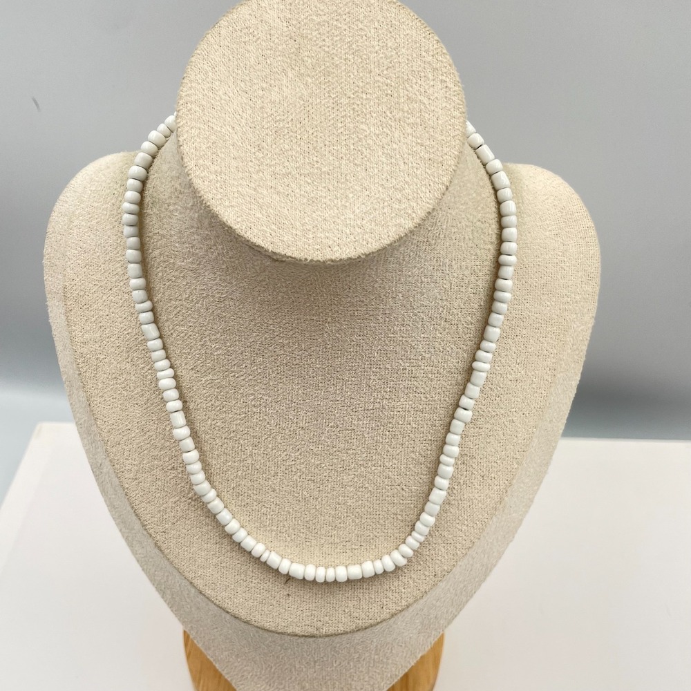 Vintage Tiny White Porcelain Seed Bead Necklace 15 Inch Minimalist Layering Boho
